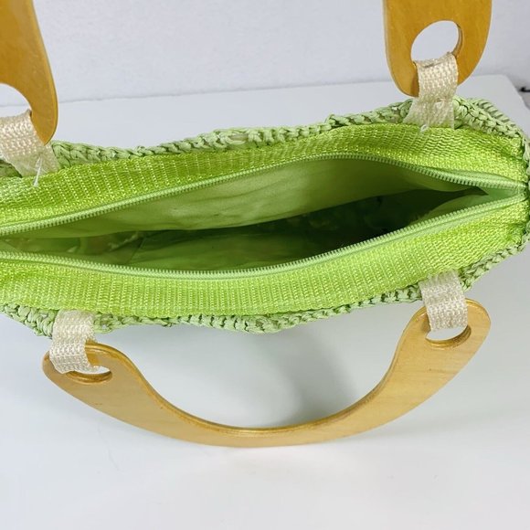Summer Beach Cottage Straw Button Handbag Flower Lime Pink Wood Handles Purse - Picture 7 of 13